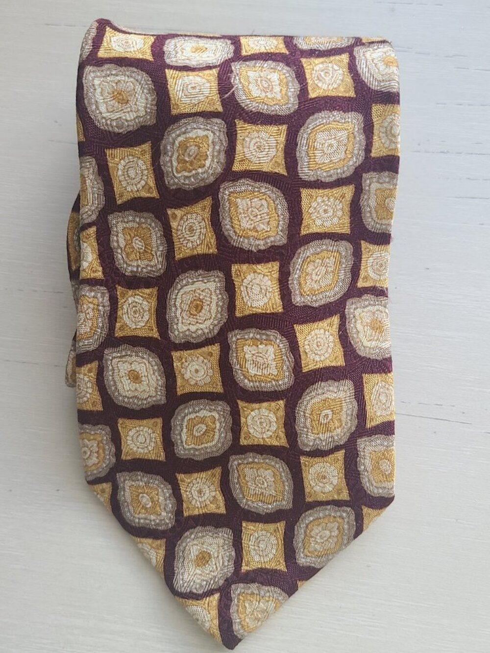 Vintage GAP 100% Silk Tie Made in USA Burgundy Gold Geometric
